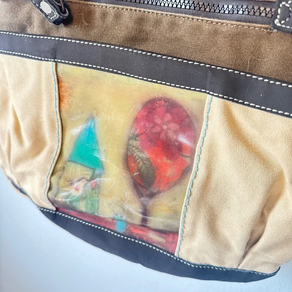 Sherpani vintage Women Tan Brown Canvas Art Panel Multi Pocket Tote Bag Large